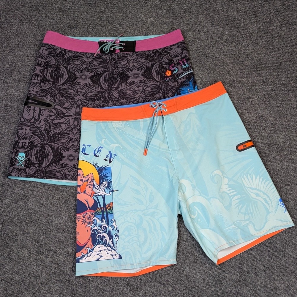 Lot of 2 Sullen Art Co Mens Board Shorts 38 Tattoo Pinup Grim Reaper Blue Grey